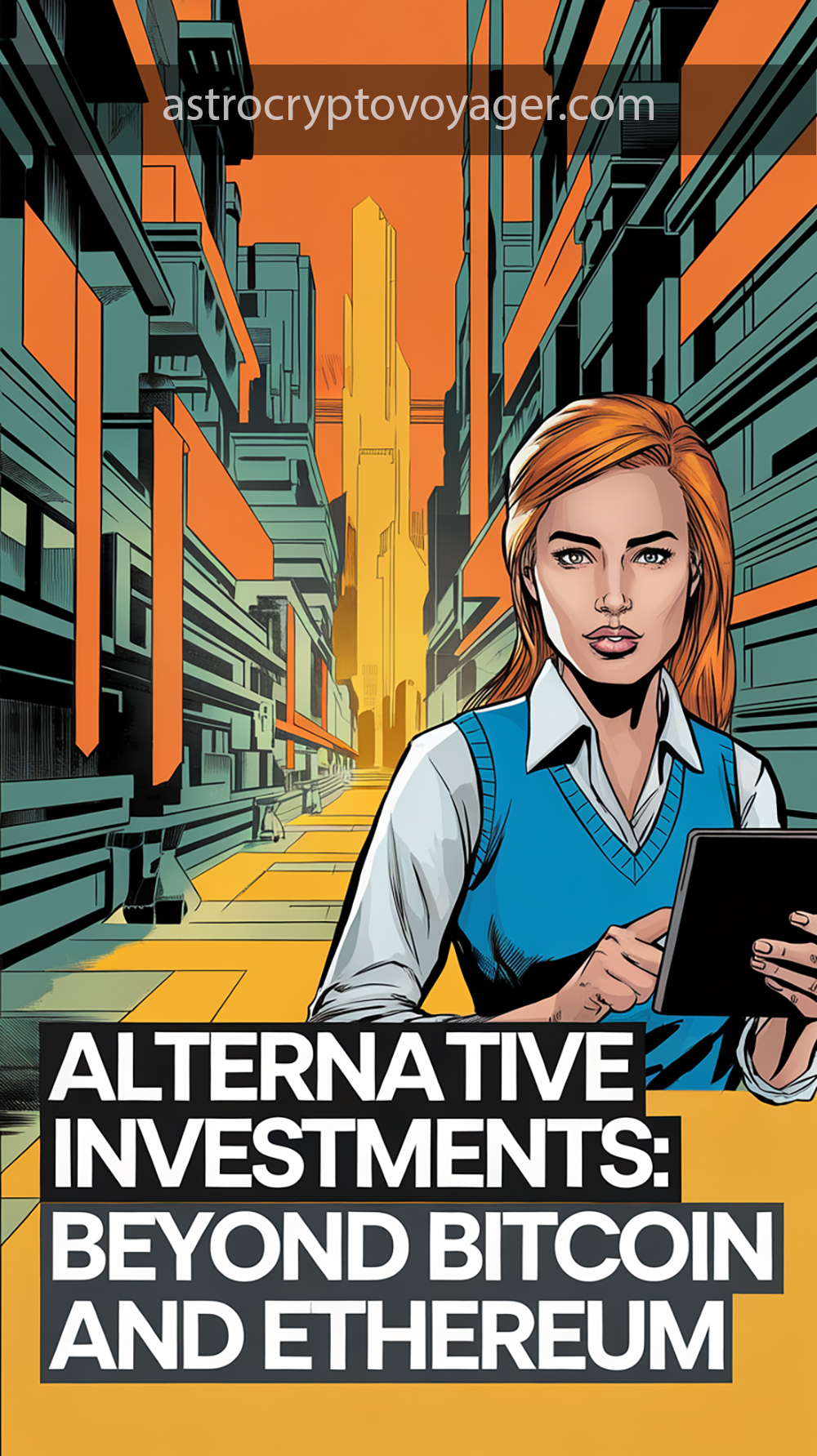 Comic book style, black and white with orange accents: Text on the image: "Alternative Investments Beyond Bitcoin and Ethereum"